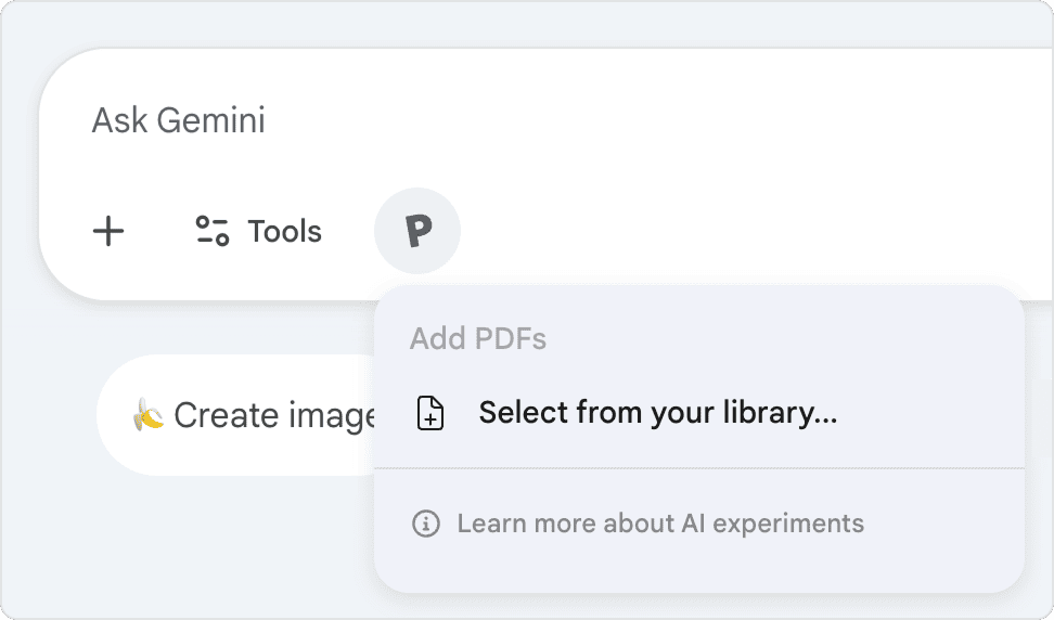 The Gemini chat box with the Paperpile button open, showing “Add PDFs — Select from your library…” and a “Learn more about AI experiments” note.